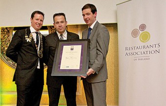 Regis Herviaux, head chef g Hotel  (centre) received the Best Chef Award  from Micheal Behan, Gilbeys of Ireland and Paul Cadden, president RAI at a presentation by  the Restaurant Association Ireland in The Ardilaun hotel recently. 

Photo: Joe Travers