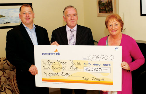 Mayo League officers Padraig McHale and Pat Quigley  present a cheque to Angela Kirrane for Rock Rose House, Castlebar, proceeds of the charity shield. Photo: Michael Donnelly.