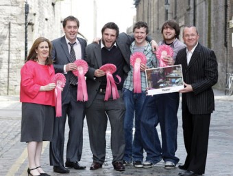 From left: Cathy Grieve, owner of Red Diamond Media; DCU students Diarmaid Keane, Shane Brennan, Aaron Chalke, and Shane Doyle; and Dr Stephen Brennan, director of marketing and strategy with The Digital Hub. Photo: Marc O’Sullivan.