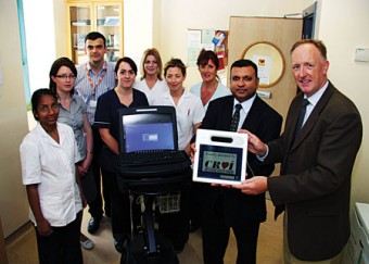 Pictured at the presentation of state-of-the-art portable patient record keeping technology to the medical staff in the heart surgical unit at UHG are (l-r): staff nurse Shine Kurian, Dr Siobhan O Meara, Dr Valentine Kolcow, Michelle Wren, clinical nurse manager 2, staff nurse Marie Fahy, staff nurse Eleanor McIntyre, Marie Cloonan clinical nurse manager 3, Dave Veerasingam, consultant cardiothoracic surgeon, and Neil Johnson, Croí.
 