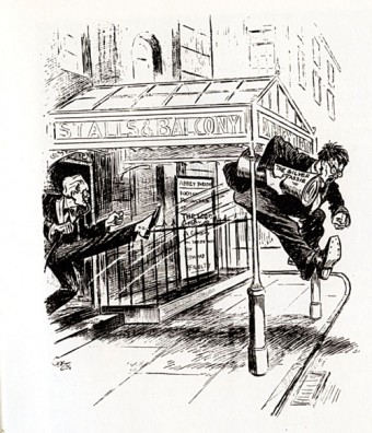 The Abbey says no: The famous contemporary cartoon by Charles Kelly which appeared in the Irish Statesman, shows WB Yeats kicking O’Casey out the door.