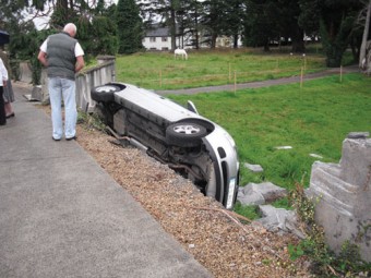 Picture shows a vehicle crashed and overturned this week on the Newport Road.