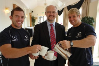 Conor O'Loughlin with Fionn Corr of Connacht Rugby joining in the fun with David Keane (Menlo Park Hotel) at the launch of the Trio of Seminars taking place at the Menlo Park Hotel on Oct 2 for vulnerable children in Africa.