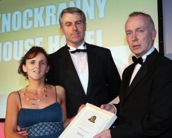 Padraig Ahearne, director, AON Insurance, presents the Hotel & Catering Review Gold Medal Award for Four Star Hotels, sponsored by Aon Insurance, to Clare Concannon and Stephen O’Connor of Knockranny House Hotel in Westport.