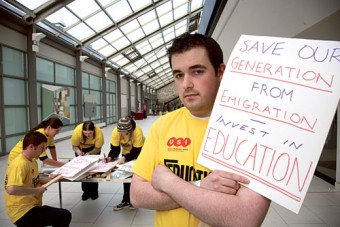 NUI Galway student union president Peter Mannion (right) and students prepare before a first of the regional protests by students today at 1.30pm in the city against possible financial cuts to third level education in the forthcoming budget.  Photo:-Mike Shaughnessy