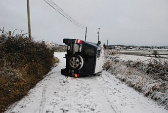 This driver escaped uninjured after his car skidded at Oranmore on Tuesday morning. Photo: Pádraig Brennan
