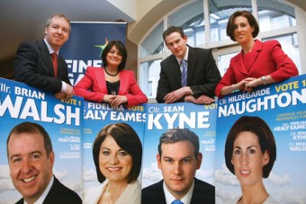Cllr Brian Walsh, Senator Fidelma Healy Eames, Cllr Sean Kyne and Cllr Hildegarde Naughton at the Fine Gael Galway West general election candidates' photocall in the House Hotel on Tuesday. Photo:-Mike Shaughnessy