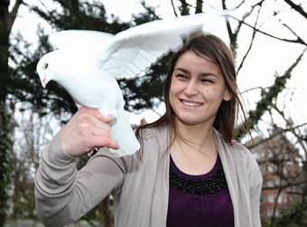 Katie Taylor pictured releasing a dove last week to launch Ireland's first national Christian radio station.