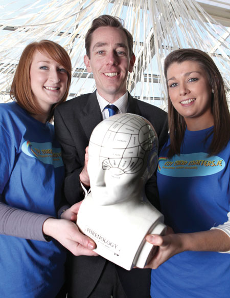 RTÉ television and radio personality Ryan Tubridy with Sligo native Lisa O’Grady and Galway native Laura Cunningham, both studying health promotion at NUI Galway. Ryan officially launched the new student mental health portal ‘My Mind Matters’ at NUI Galway today.