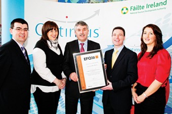 Pictured at the Fáilte Ireland Optimus Awards were (l. to r.): John Frazer, Mary Conroy, Galway Bay Hotel; Aidan Pender, Fáilte Ireland; Dan Murphy, director/general manager and Louise Campbell, Galway Bay Hotel. The gotel received an EFQM Award (one of Europe's leading companies) at the Ceremony
