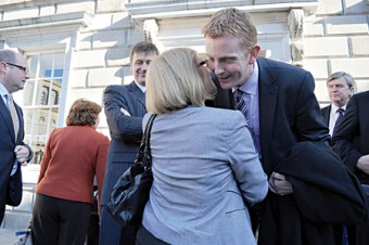 Labour of love — welcome aboard. Galway West TD Deputy Derek Nolan being welcomed to the podium outside Leinster House on Tuesday by fellow Labour TD Jan O'Sullivan. 