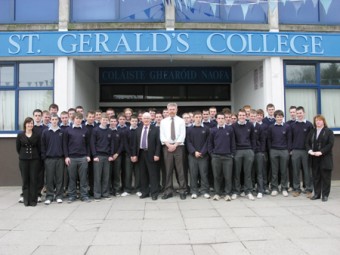 Irish teachers Nora Shally, Fiona Guilfoyle, school principal Se&aacute;n Burke, and poet P&aacute;draig Mac Suibhne are pictured with St Gerald's higher level Irish students.