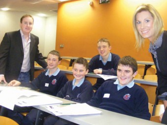 Tomas Heneghan, Archbishop McHale College, with students and Ria O’Meara AIB at Enterprise Challenge GMIT.