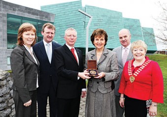 At the launch in GMIT announcing details of the fourth Paddy Ryan Memorial Lecture to be hosted by GMIT on May 5 are l-r: Carmel Brennan, president of Galway Chamber, Jim Fennell, acting president of GMIT, Dr Emer Mulligan, head of the JE Cairns School of Business, NUI Galway, and Breda Ryan holding a specially commissioned medallion designed by the artist and sculptor Padraic Reaney which will be presented to Matthew Elderfield on May 5.