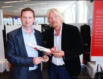 PJ King accepting the replica of the new Airbus, named Myles from Connemara after his late father, from Richard Branson last month.