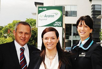 Pictured unveiling the new logo at the airline's head office were (from left) Aer Arann chief executive Paul Schütz accompanied by Aer Arann marketing manager Sinead Murphy and cabin crew member Aileen Murtagh.