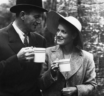 Tea break - John Wayne (Sean Thornton), and Maureen O’Hara (Mary Kate Danaher) share a joke off set  in Cong 1952 ( from Des Mac Hale’s  Picture The Quiet Man by Appletree Press, 2004)
