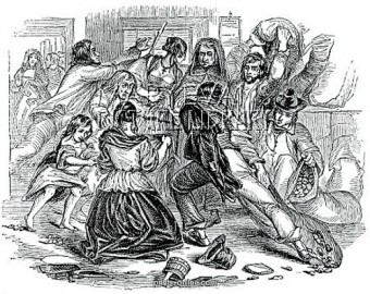 Potato riots : Panic as starving people attack and steal potatos from a shop in Galway (London Illustrated News 1847).