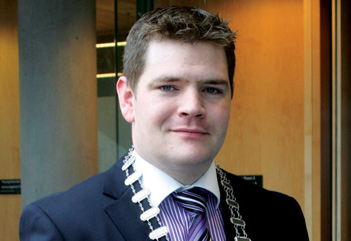Mullingar’s new mayor, Cllr Peter Burke in the atrium of county buildings yesterday.