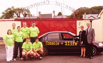 At the launch of the car push are (back row) Joe Gantly, James Skehill, Iarla Tannion: Middle:  Stephanie Mc Mahon, Pat Healy Front: Kevin Hynes, David Burke. Also pictured are Mary and Vincent O’Rourke, parents of the late Adrian O’Rourke.