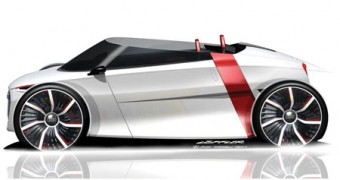 The Spyder variant of the Audi urban concept has a low, continuous window area and doors that open diagonally upwards.