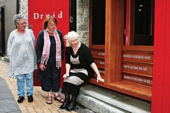 A seat to rest for the weary traveller —  Druid marked the first anniversary of the death of actor Mick Lally by unveiling a seat in his memory at Druid Lane. Pictured at the unveiling last evening were Garry Hynes, Mick's widow, Peig, and actress Marie Mullen. Photo: Mike Shaughnessy.