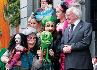Michael D Higgins on the steps of the Town Hall Theatre on Saturday where Galway artists, musicians, dancers and writers gave him a rousing send off on his presidential campaign around the country. Photograph: Mike Shaughnessy