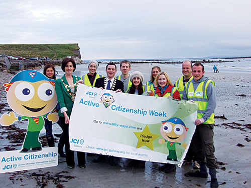 Pictured at the launch of Active Citizenship Week are Galway City Mayor, Hildegarde Naughton, JCI Galway president Sean Rowland, along with Active Alfie and the volunteers from JCI Galway and Conservation Volunteers Galway.