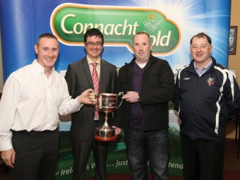 Michael S Togher (Iorras Aontaithe), Sean Henry (Connacht Gold), Aidan Reape (Ballina Town) and Padraig McHale, chairman Mayo League, ahead of this weekend&rsquo;s Connacht Gold cup final. Photo: Michael Donnelly.