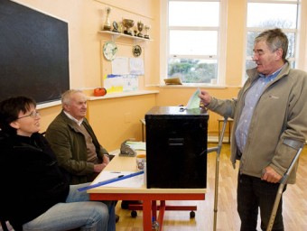 Ahead of the rest —  Terry Heery voting on Inis Mor yesterday as the Galway islands went to the polls.