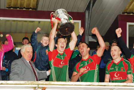 Garrycastle captain John Gaffey and his team-mates celebrate their third successive county title. Photo: johnobrienimages.com