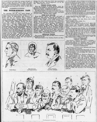 Sketches made in the Clonmel courthouse for the Daily Graphic: (Top) Fr Con Ryan, Mary Kennedy and William Simpson. (Below) from left, Michael Cleary, Michael Kennedy, William Ahern, Jack Dunne, James Kennedy, William Kennedy, Patrick Kennedy, Denis Ganey, and Patrick Boland. 