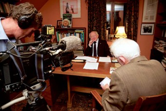 Clearing the desk — Michael D Higgins pictured being interviewed by RTE's Jim Fahy at his home in Galway on Tuesday. 
Photo:-Mike Shaughnessy