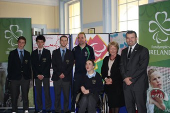 Left to Right: Colaiste Einde Student Council Members, Eoghan Miniterand Fionn Delahunty, Luke Morgan, with Enda Smyth, Paralympic athlete, Shane Brennan, student, Siobhán Quinn (Principal) and Liam Harbison, CEO Paralympic Ireland.