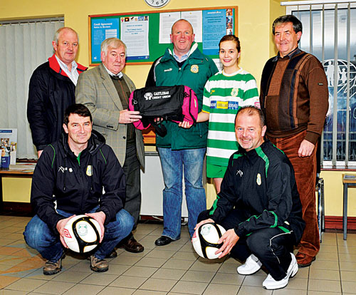 Castlebar Credit Union present a set of kit bags to Castlebar Celtic Women’s team who will kick off their Women’s National League campaign this weekend.  Back: Jimmy Murphy, CU, Jack Loftus, CU, James Murray, Chairman Castlebar Celtic, Aileen Collins, team player and John Bourke, CU. Front: Noel Coll and Jeremy Dee. The first home game on November 20 against Shamrock Rovers. 
Photo: Ken Wright Photography 2011