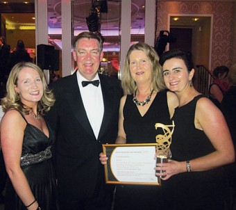 Left to right: Croí nurses Anne Marie Walsh, Ailish Houlihan, and Irene Gibson receiving their awards from RTE’s Brian Dobson at the tenth Annual Irish Medical Times Healthcare Awards.  