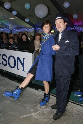 Mayor Hildegarde Naughton with ice skating pro Brownell O'Connor at the opening of Ice Factor, the Christmas Ice Skating Rink at the the Carlton Hotel, Renmore. Photo:-Mike Shaughnessy