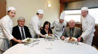 Pictured in one of the GMIT Hotel School restaurants at the launch of the GMIT Gourmet Giveaway in aid of Galway Lions Club (l-r): Elaine Day, GMIT student; Gerry O'Neill, lecturer; Lana Vlahovic, student; Mary Healy, lecturer; Martin Ruffley, lecturer; Seamus Staed, president, Galway Lions Club; and Jamie Byrne, student. Photo: Iain McDonald.
