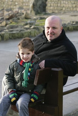 Local newsagent Paul O'Brien and his four-and-a-half year old son Daniel who was born three months before he was due weighing just 2lbs 7ozs.