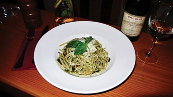 Linguine Veronese with wilted zucchini, toasted pine nuts, 
and homemade basil pesto.