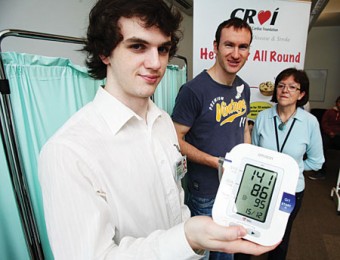 At the recent blood pressure screening clinic were (l-r): Adam Nolan from Ennis, Co Galway, a second-year biomedical science student at NUI Galway; Paul Hession, Olympic athlete and NUI Galway medical student; and Miriam Kearns, clinical skills technician with the NUI Galway School of Medicine.
