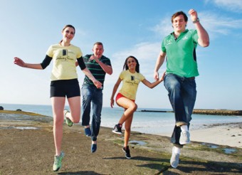 Simon Says….. Run! At the launch of the Galway Simon Women’s Mini Marathon in sunny Salthill were Niall O’Connor  and Dave Moore, Connacht Rugby, with Catwalk models  Kamile Jucyte and Marie-Christine Kienlen. 
The Galway Simon Women’s Mini Marathon will take place on Sunday, June 24 and participants can now register on www.galwaysimon.ie. Photo: Andrew Downes.