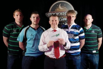 Pictured are Connacht players Adrian Flavin, Johnny O Connor, captain Gavin Duffy, and Michael Swift with Finn Gormley of Corinthians and Dave Clarke of Galwegians with quiz host, James Heaslip. 