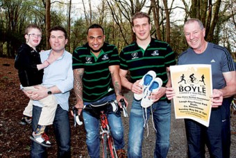Connacht Rugby's Futu'u Valnikolu and TJ Anderson pictured with Ciara Grehan's son and husband, Jack and Dennis Kennedy, and her father JJ Grehan  at the photocall to announce the Boyle Charity Duathalon in aid of the Ciara Grehan Foundation on Friday afternoon. Photo: Reg Gordon
