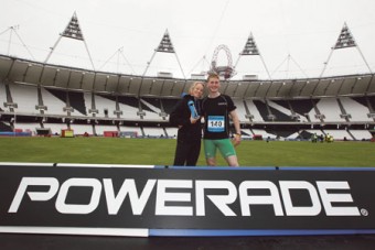 Evan with Derval O’Rourke at the Powerade On Your Marks event in the Olympic Stadium in London