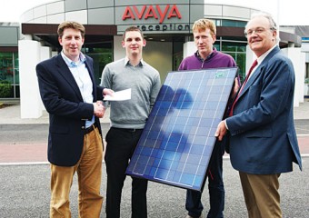 Michael Keane, senior R&D  manager AVAYA, presenting Rob Finnerty, electronic engineering student, with his prize accompanied by Liam Kilmartin, NUIG and  Ger Hurley engineering professor NUIG. 
