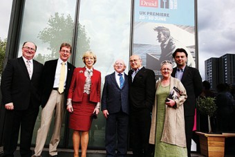 Seamus O’Grady (Druid chairman), Dr Jim Browne (president NUI Galway), Mrs Sabina Higgins, President Michael D Higgins, Tom Murphy (playwright), Garry Hynes (artistic director, Druid), Edward Hall (artistic director, Hampstead Theatre) at the DruidMurphy London opening at Hampstead Theatre on Saturday June 23. The opening was co-hosted by Druid and NUI Galway. Photo Joanne O’Brien