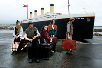 The Addergool replica of the Titanic, pictured with actors at the Prom yesterday. Photo: Darius Ivan 