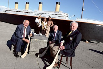 Pictured at the Titanic model this week were Tom Keane (whose uncle perished on the Titanic) and hurling greats Jimmy and Sean Duggan. In the background are models and volunteers dressed in the costume of the period. Pic: Darius Ivan