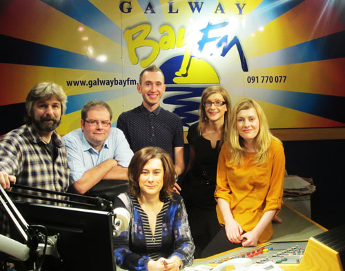 The FYI Galway team — At front Bernadette Prendergast and from left Jon Richards (traffic), John Mulligan (sport), and news journalists Alan Murphy, Antoinette Giblin and Una Molloy. Photo: Louise France.